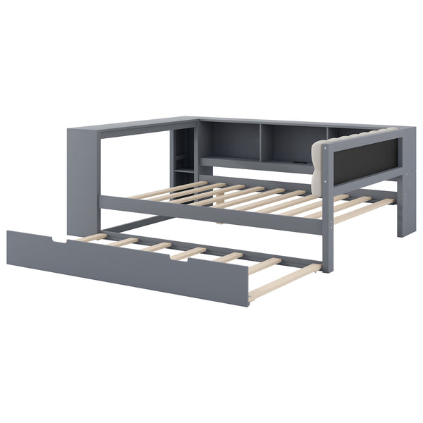 English Elm Wood Twin Platform Bed Linen Headboard Storage Shelves Trundle Charging Station Gray N709P004024E