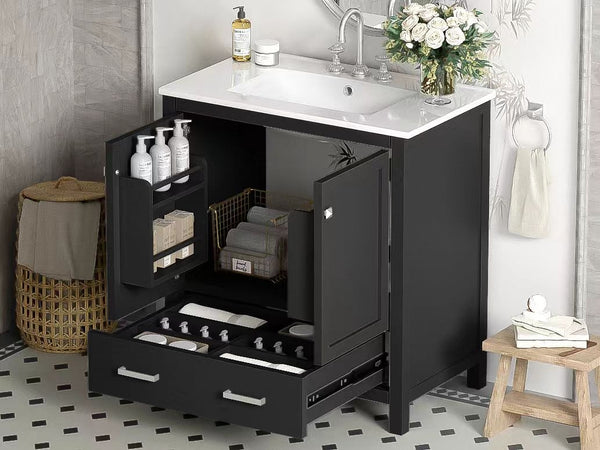 English Elm 30" Black Bathroom Vanity with Undermount Sink, Solid Wood Frame, Soft-Close Doors & Drawer Organizer WF324043AAB
