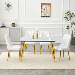 English Elm Table and Chair Set Marble Glass Top Gold Legs Pu Leather Seats Modern Dining Black,White+Gold W1151S04651
