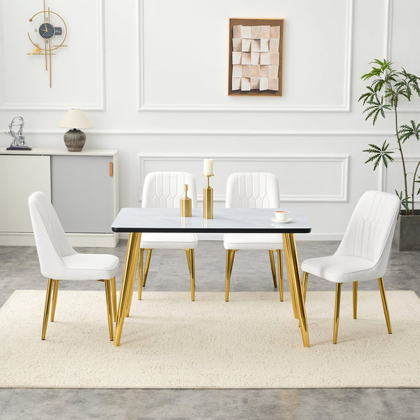 English Elm Table and Chair Set Marble Glass Top Gold Legs Pu Leather Seats Modern Dining Black,White+Gold W1151S04651