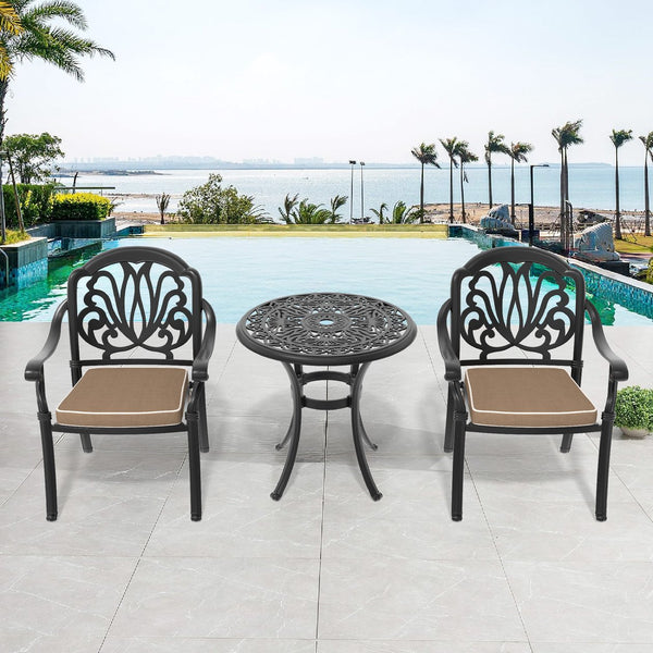 English Elm 3-Piece Cast Aluminum Patio Furniture Set With Cushions, Umbrella Hole, And Stackable Chairs W1710S00413