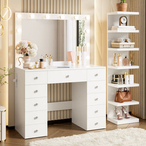 English Elm Vanity Desk Hollywood Led Mirror 11 Drawers 7 Tier Shelving White Glam Mdf N704G202309K