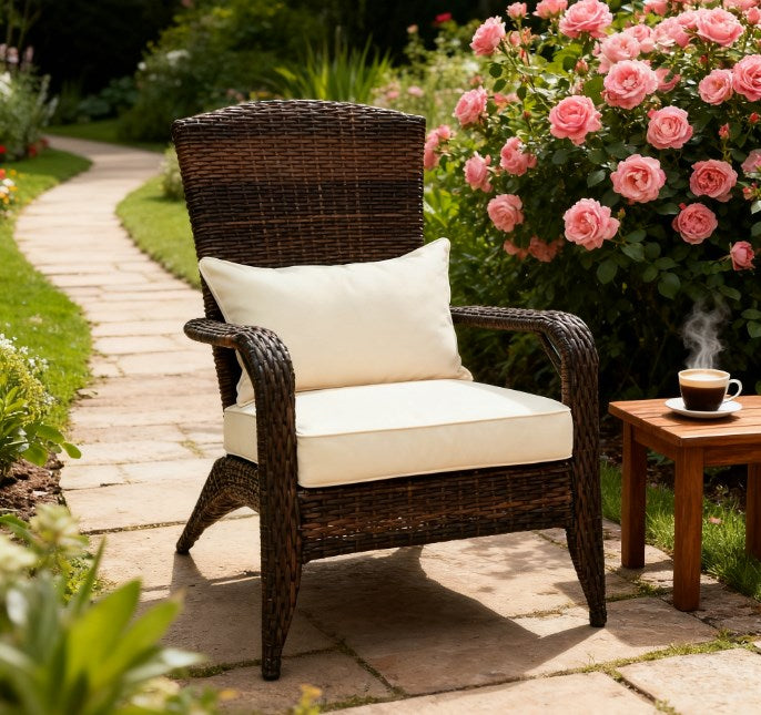 English Elm Soft Cushioned Wicker Adirondack Patio Chair with Tall Curved Back and Wide Armrests T3971P417319
