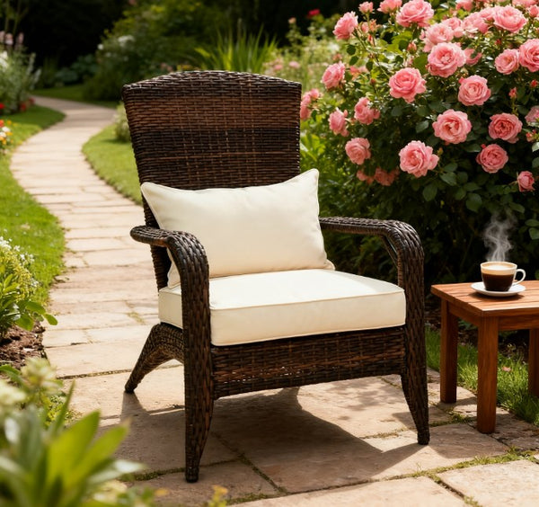 English Elm Soft Cushioned Wicker Adirondack Patio Chair with Tall Curved Back and Wide Armrests T3971P417319