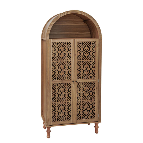English Elm 70.28" Tall Walnut Pantry Cabinet Lattice Carved Doors Adjustable Shelves Two Drawers W688P303382