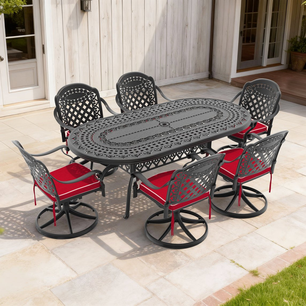 English Elm 7-piece Cast Aluminum Outdoor Dining Set with Ornate Oval Table and Six Swivel Chairs W1710S00323