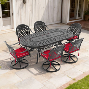 English Elm 7-piece Cast Aluminum Outdoor Dining Set with Ornate Oval Table and Six Swivel Chairs W1710S00323