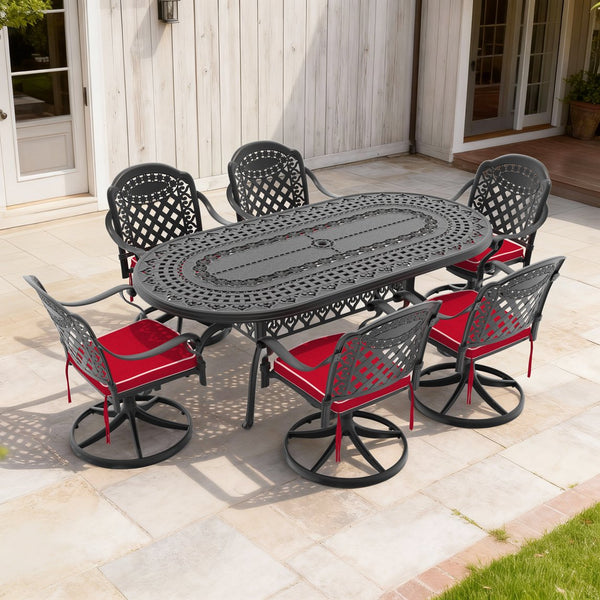 English Elm 7-piece Cast Aluminum Outdoor Dining Set with Ornate Oval Table and Six Swivel Chairs W1710S00323