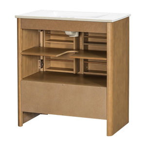 English Elm [video] 30 Inch Freestanding Bathroom Vanity Pine Legs Ceramic Sink Soft Close Storage Natural N759P412928N