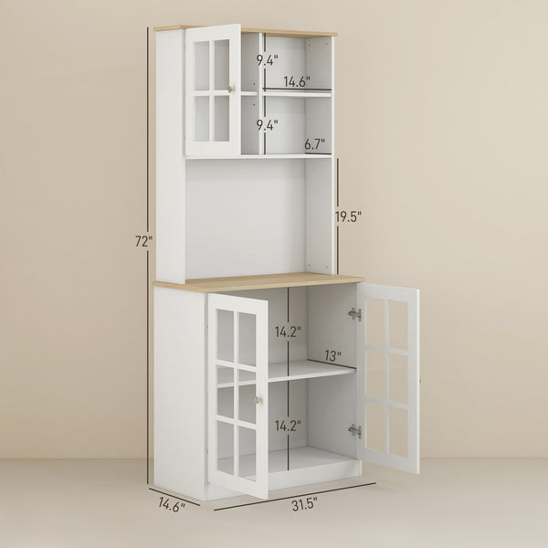 English Elm Freestanding Pantry Cabinet with Glass Doors Open Shelf and Adjustable Storage Zones T3971P416354