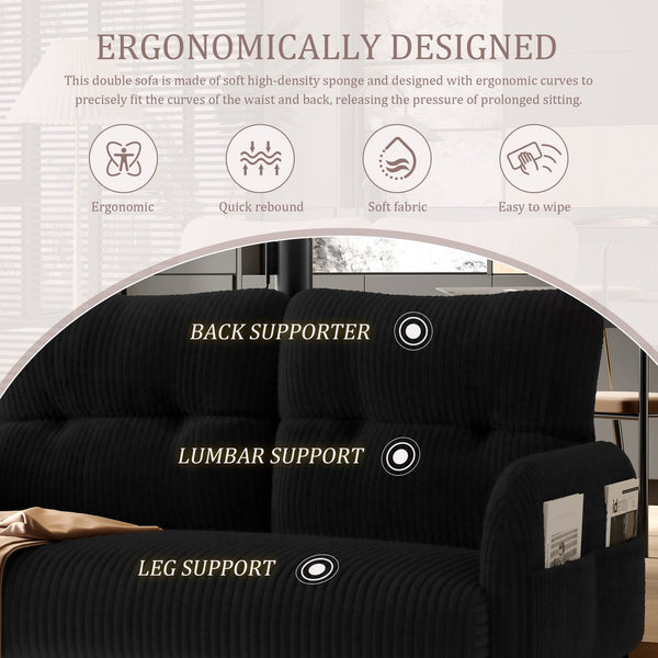 English Elm United We Win Corduroy Two Seat Sofa with Lumbar Support and Built in Storage Pockets Black W1568P386171