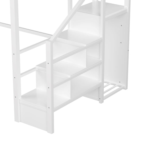 English Elm Full Size Steel Loft Bed with Staircase Storage Wardrobe Desk and Led Lighting White W2593S00056