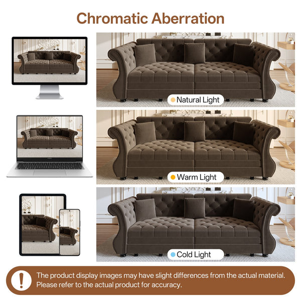 English Elm 97.6" Oversized Velvet Chesterfield Sleeper Sofa Floral Tufted Roll Arm Living Room Couch Brown W1885S00399