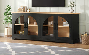 English Elm Farmhouse Media Console with Arched Glass Doors Wood Grain Two Tone Living Room Storage Black N721P411204B
