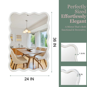 English Elm White 24"x36" Wavy Rectangle Solid Wood Frame Mirror - Elegant Bohemian Design, Tempered Glass Clarity W2203P389034