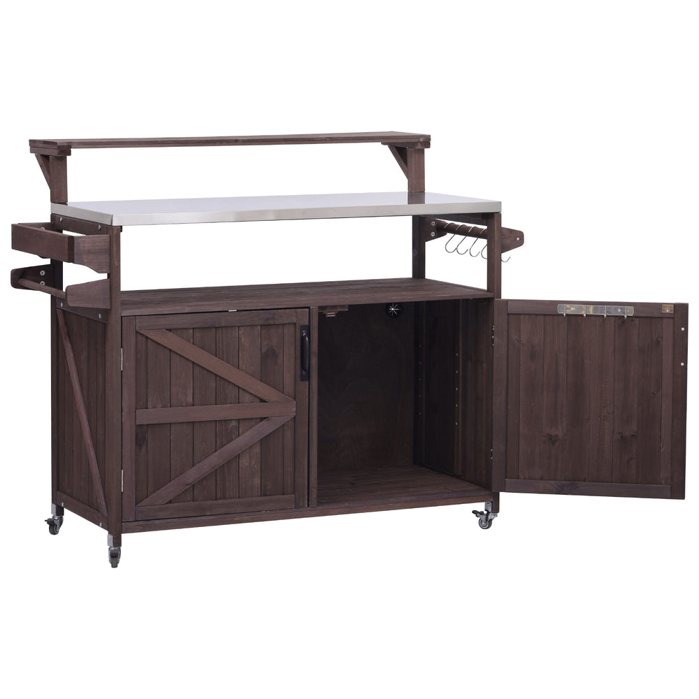 English Elm K&K 53.3" Outdoor Kitchen Island with 1.2" Stainless Top, Spacious Storage, Raised Shelf, Wheels Brown N707P250628Z