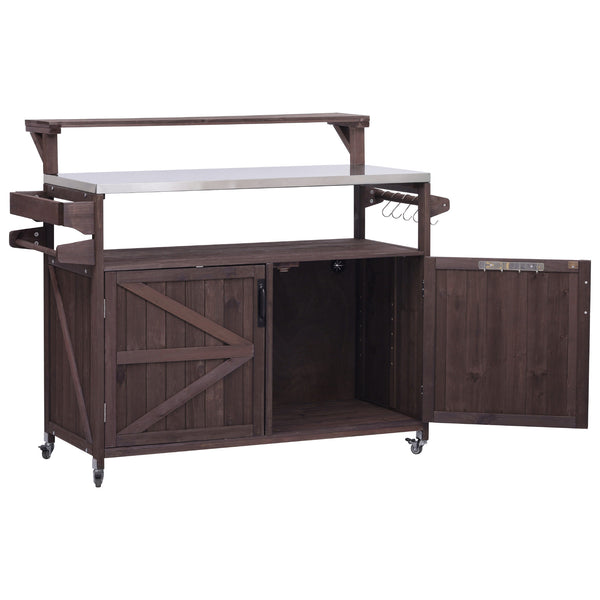English Elm K&K 53.3" Outdoor Kitchen Island with 1.2" Stainless Top, Spacious Storage, Raised Shelf, Wheels Brown N707P250628Z