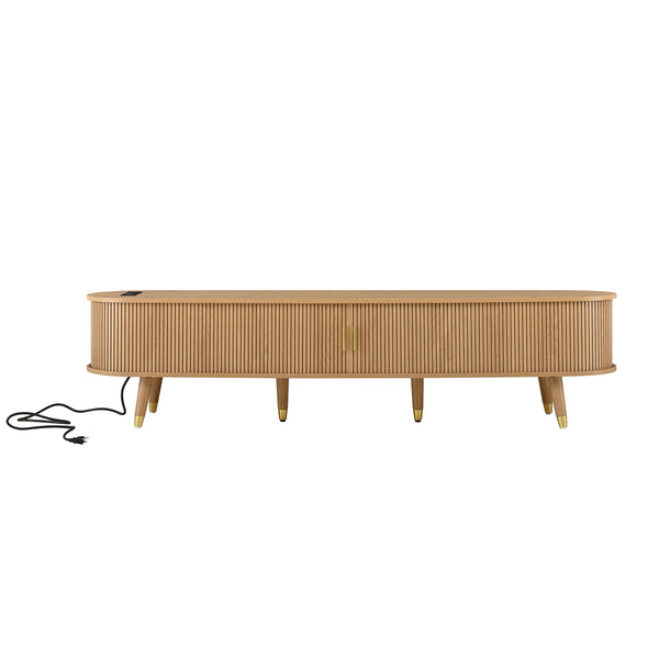 English Elm Wooden Fluted Tambour Media Console Mid Century Modern Tv Stand with Built in Charging Natural N721P428444L