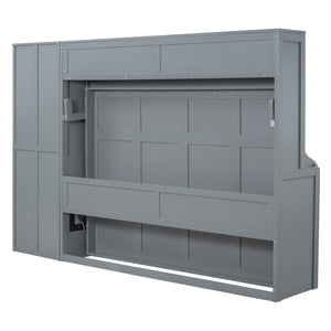 English Elm Full Size Murphy Wall Bed with Wardrobe Drawers Studio Apartment Space Saver Gray LP000792AAE-2