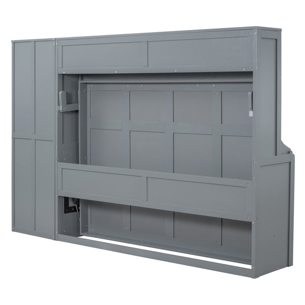 English Elm Full Size Murphy Wall Bed with Wardrobe Drawers Studio Apartment Space Saver Gray LP000792AAE-2