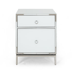 English Elm Christopher Knight Home® - Modern White End Table Nightstand with 2 Drawers, Mirrored Silver Trim & Legs, Compact Glass Bedside 65936.00
