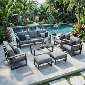 English Elm All-weather 9 Seat Aluminum Patio Conversation Set with Tempered Glass Table Gray B082S00110