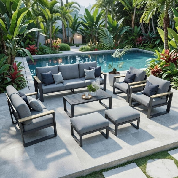 English Elm All-weather 9 Seat Aluminum Patio Conversation Set with Tempered Glass Table Gray B082S00110