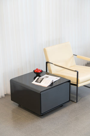 English Elm Modern Coffee Table with Built in Mini Fridge Power Outlets and Beverage Storage Black W1172P483596