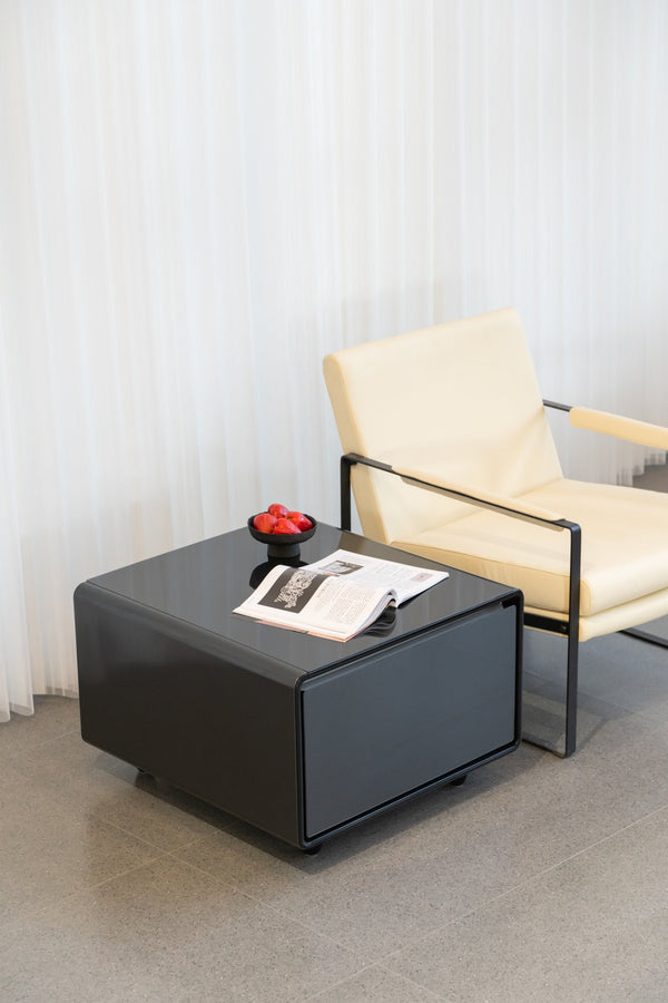 English Elm Modern Coffee Table with Built in Mini Fridge Power Outlets and Beverage Storage Black W1172P483596