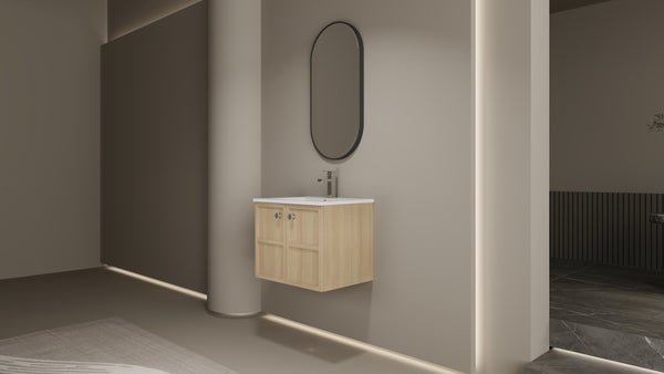English Elm 24" Modern Wall Vanity with Ceramic Sink, Oak Plywood Cabinet, 2 Soft-Close Doors, Handles Included W1972S00021