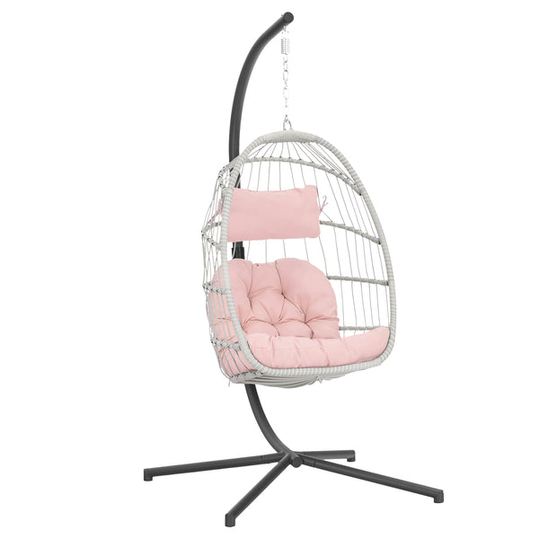 English Elm Outdoor Wicker Rattan Swing Chair Pink Cushioned Hanging Hammock Seat Aluminum Frame Portable Cozy Patio Decor W349110628