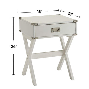 English Elm Side Table featuring Metal Corner Strapping and Flush Mount Drawer Pull for Stylish Accent Décor and Functionality White B016P310488