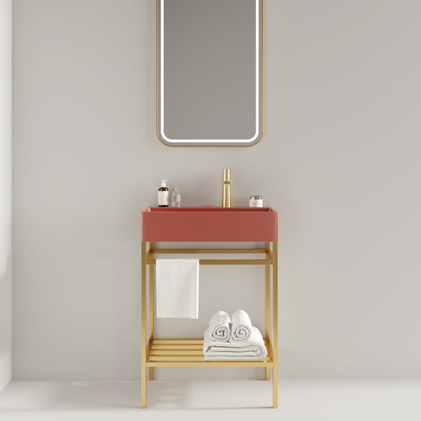 English Elm LOFI Ceramic Integrated Bathroom Vanity 24" with Rectangular Basin, Open Metal Shelf, Easy Clean Gold,Red W2615S00079