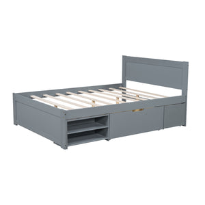 English Elm Full Size Platform Bed with Storage Drawers & Shelves, Gray MDF Construction, 400lb Capacity, Sturdy Design N709P214183E