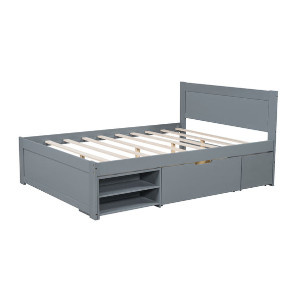 English Elm Full Size Platform Bed with Storage Drawers & Shelves, Gray MDF Construction, 400lb Capacity, Sturdy Design N709P214183E