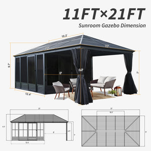 English Elm 11x21FT All-Season Sunroom Gazebo with Galvanized Roof, Lockable Sliding Doors, PE Screens & Curtains W1859P364854