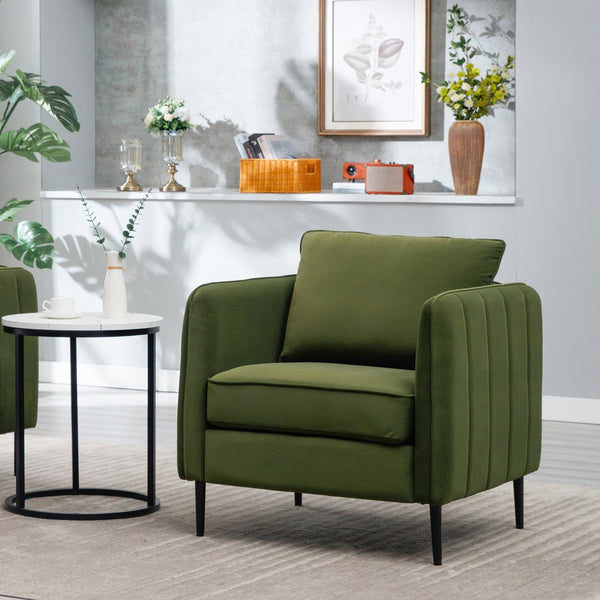 English Elm Accent Velvet Armchair Mid-century Modern Plush Seat with Metal Legs for Any Room Green W3244P325833