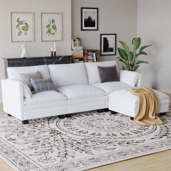 English Elm 107.8'' Large L-Shaped 3 Seater Sofa With Movable Ottoman & Storage Pockets For Modern Living Spaces W680S00044