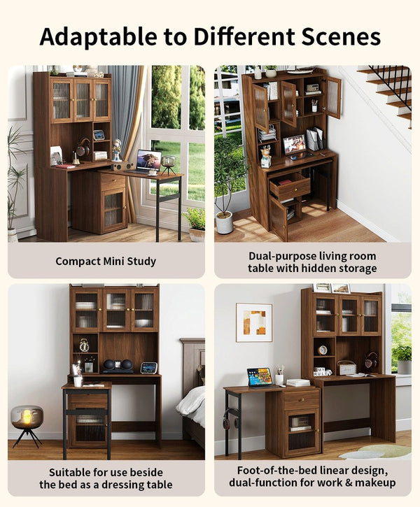 English Elm Computer Desk with Glass Doors, Hutch & Drawer Storage, Rotating 90° Desktop and Spacious Work Surface Walnut W331S00195