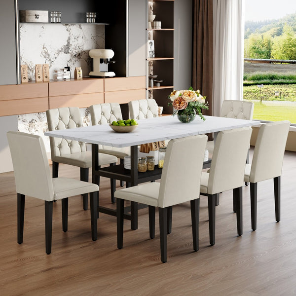 English Elm Table And Chair Set - Modern White Grain Dining Table With Built-In Storage & 8 Ergonomic Pu Chairs W1151S04271-GIGA