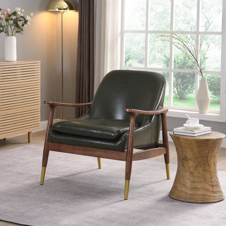 English Elm 29.2'' Mid-century Faux Leather Accent Chair Solid Wood Frame Brass Tipped Legs Lounge N767P205863G