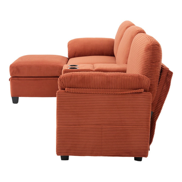 English Elm United Corduroy L-Shaped 4-Seater Sofa With Usb, Cup Holders & Storage Ottoman - Perfect For Apartments! W1568S00225-GIGA