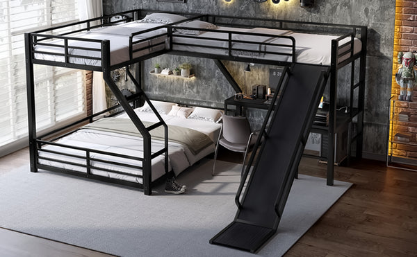 English Elm L-Shaped Triple Bunk Bed With Slide & Usb Ports - Space-Saving Metal Design For Modern Families W1580S00276