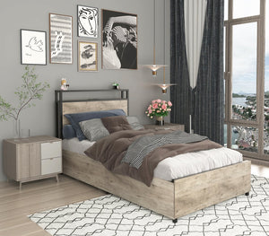 English Elm Twin Bed Frame with Storage Headboard, USB Charging, RGB LED Lights, 4 Drawers, Sturdy Gray Wash W2129P272269