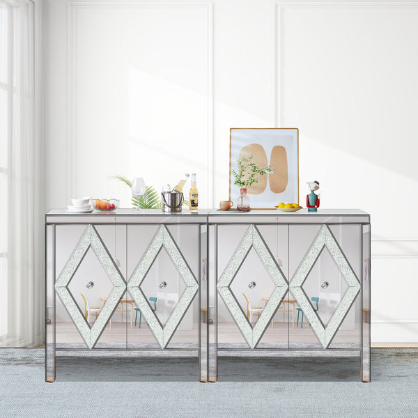 English Elm Storage Cabinet with Mirrored Diamond Panel Doors Glam Accent Piece for Entryway W1445103593