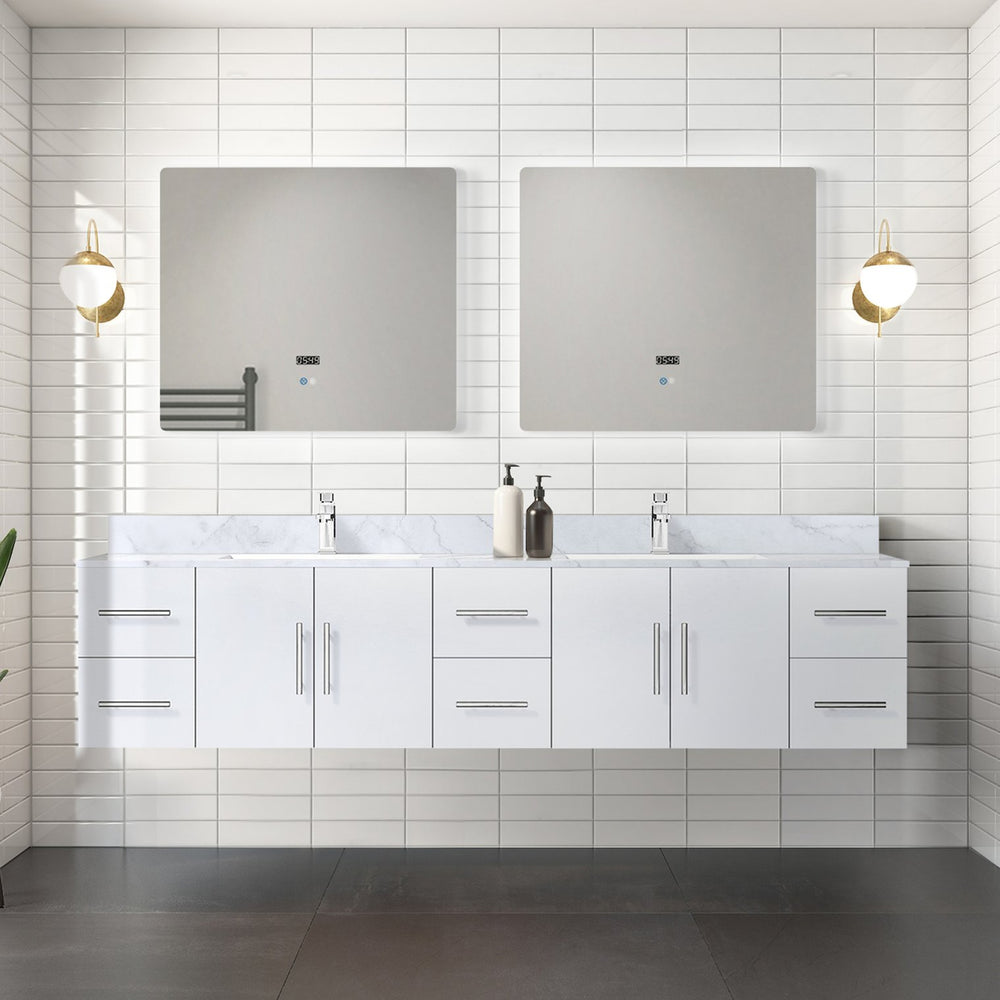 English Elm Glossy 84" Double Bath Vanity with Carrara Marble Top, Soft-Close Drawers, Chrome Faucet Set B2731P258763