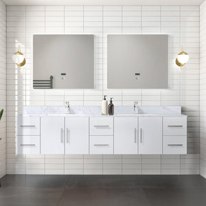 English Elm Glossy 84" Double Bath Vanity with Carrara Marble Top, Soft-Close Drawers, Chrome Faucet Set B2731P258763