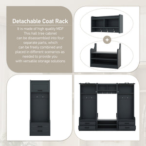 English Elm 4-in-1 Hall Tree with Bench, 7 Hooks, 2 Cabinets & 4 Drawers for Entryway Storage and Seating Antique Blue W1580S00091