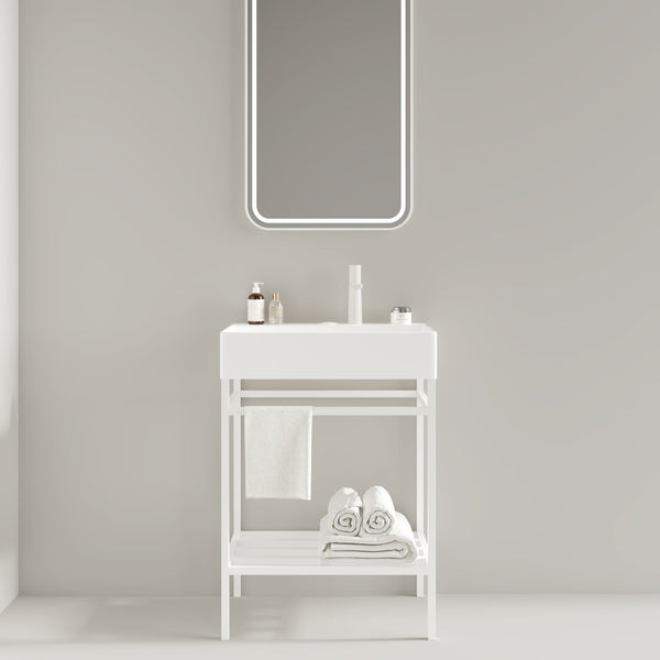 English Elm LOFI Ceramic Integrated Bathroom Vanity 24" with Rectangular Basin, Open Metal Shelf, Easy Clean White W2615S00051