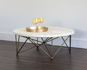 Sunpan Skyy Coffee Table - Elegant Carrara Marble Design with Antique Brass Frame for Modern Spaces Round - 40W x 40D x 15H